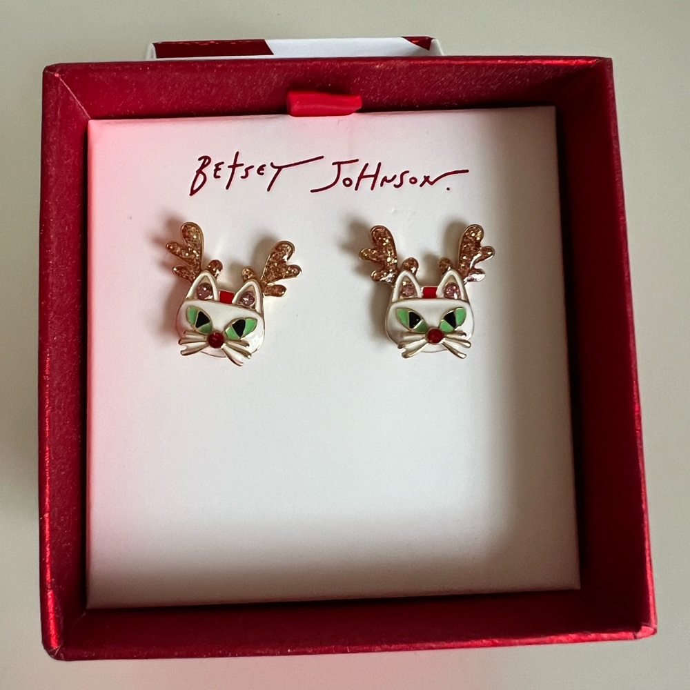 Betsey Johnson Cat Reindeer Festive Holiday Ear-rings